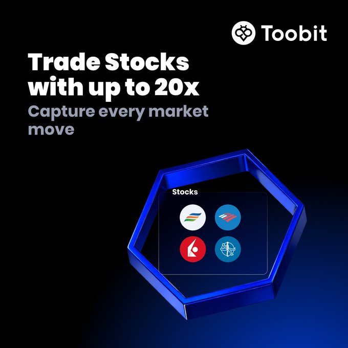A promotional graphic for Toobit featuring the headline "Trade Stocks with up to 20x - Capture every market move" alongside a blue hexagonal design displaying four stock icons (CEG, BAC, IBKR, and MDT) representing the newly listed stock futures mentioned in the post.