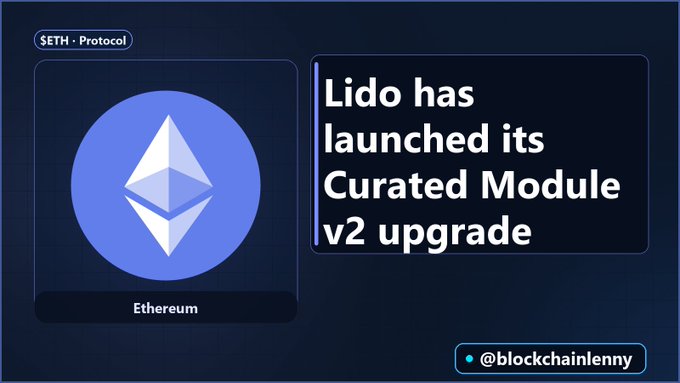 A digital graphic announcing 'Lido has launched its Curated Module v2 upgrade' alongside the Ethereum logo, credited to @blockchainlenny.