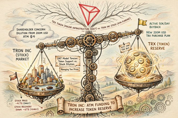 An illustrated diagram depicting the relationship between TRON INC (stock market) and TRX token, showing 'TRX TOKEN (MAJOR INFRASTRUCTURE ASSET) vs. TRON INC STOCK (ATM FUNDING)' with labels discussing dilution, buybacks, and a 'NEW 200M USD TRX PURCHASE PLAN'.