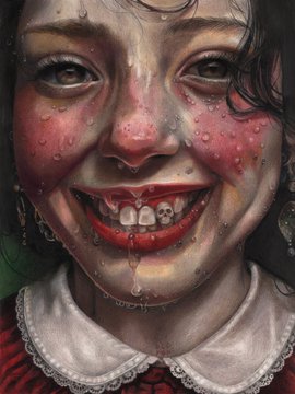 A dark, unsettling digital painting of a smiling figure with crying, bloodshot eyes and rotting teeth, wearing a white collar.