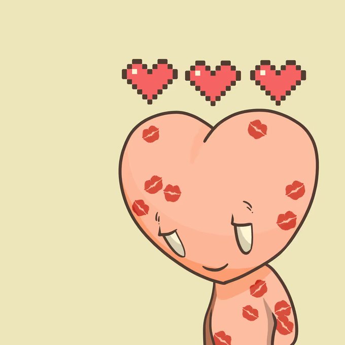 An illustration of a cartoon character with a heart-shaped pink head, closed eyes, and red lipstick kiss marks all over its body, with three pixelated hearts floating above it.