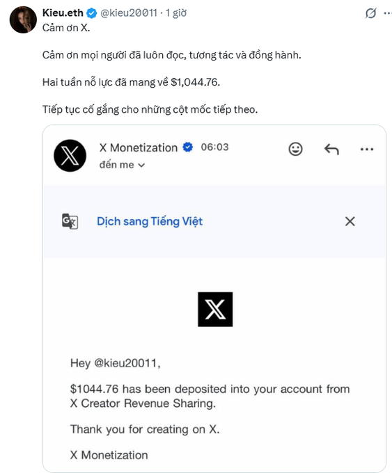 A Vietnamese-language tweet by @kieu20011 thanking X (Twitter) for depositing $1,044.76 from X Creator Revenue Sharing.