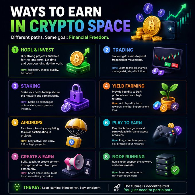 An infographic titled 'WAYS TO EARN IN CRYPTO SPACE' listing eight methods including HODL & Invest, Trading, Staking, Yield Farming, Airdrops, Play to Earn, Create & Earn, and Node Running.