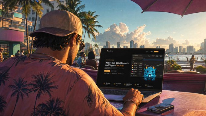 A stylized image of a man in a Hawaiian shirt using a laptop displaying 'Trade Real-World Assets and Crypto Casually' with a city skyline and beach in the background.