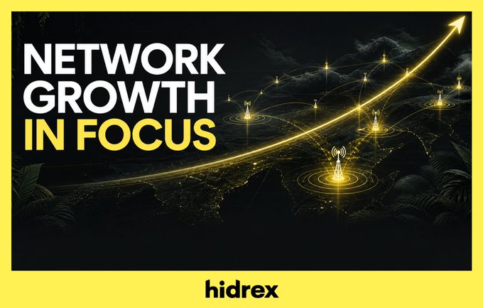 A graphic titled "NETWORK GROWTH IN FOCUS" by Hidrex features a glowing yellow upward arrow arching across a dark map, surrounded by illuminated signal tower icons symbolizing expanding connectivity. The image visually reinforces the post's message about World Mobile's AirNode network growth from 158,007 to 161,504 nodes (+2.2%) ahead of Frontier Drop Two.