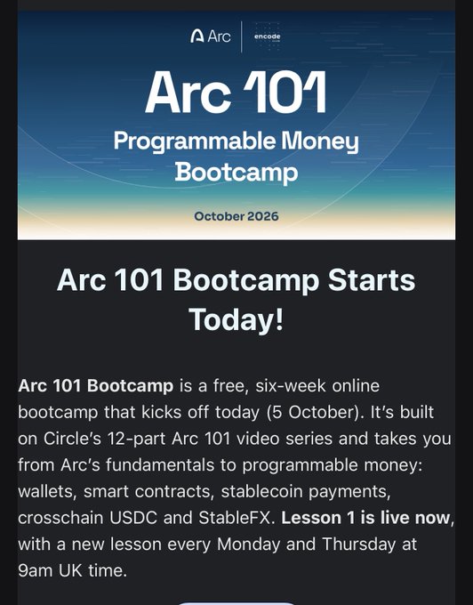 A promotional graphic for the 'Arc 101 Programmable Money Bootcamp' by Arc and encode, announcing the free six-week online course starting October 2026 with lessons on wallets, smart contracts, and stablecoin payments.