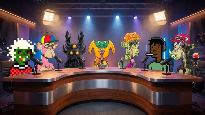 The image features a cartoon panel with five cartoon characters, including two cartoon people wearing hats, sitting at a table or desk. They are positioned in front of microphones, suggesting that they might be participating in an interview or speaking event. The background is dark, which contrasts with the colorful and lively characters on the panel. The post caption reads "GM! Meet the Maker on X", indicating that this image may be related to a media event or interview featuring these cartoon characters.