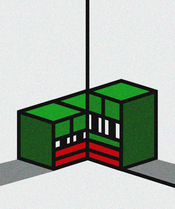 Stylized isometric illustration of two green cubes resembling storage devices or servers with red stripes, connected by a vertical line against a light gray background.