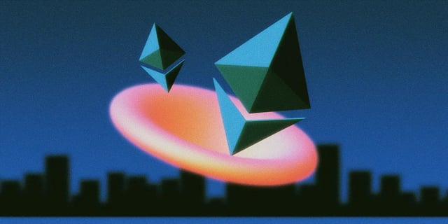 A stylized graphic shows the teal Ethereum logo shaped like a diamond floating above a pink and orange glowing ring, set against a dark blue sky with a city skyline silhouette below.
