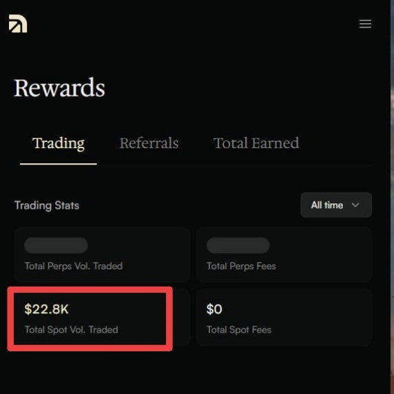 The image shows the Arcus rewards interface, highlighting a "Total Spot Vol. Traded" of "$22.8K". This visually supports the accompanying post's emphasis on the availability of spot trading on Arcus.