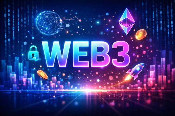 A vibrant neon digital illustration promoting "WEB3" with cryptocurrency-themed graphics including Ethereum logos, Bitcoin coins, a rocket ship, a padlock, and a glowing cityscape background.
