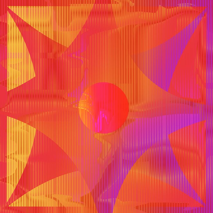 An abstract digital artwork features swirling geometric patterns in vibrant red, orange, and purple tones.