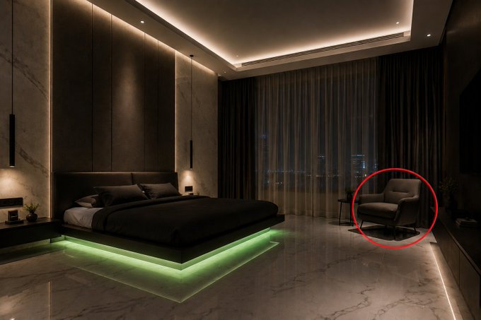 A modern dark-toned bedroom features a platform bed with green underlighting and a red circle highlighting a gray armchair in the corner.