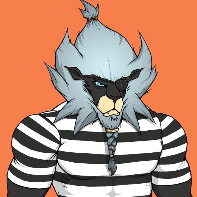 Digital illustration of an anthropomorphic lion with a braided beard wearing a black and white striped shirt against an orange background.