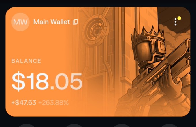 A digital wallet interface labeled 'Main Wallet' displaying a balance of '$18.05' alongside an illustration of a character wearing a crown and tactical gear holding a futuristic rifle.