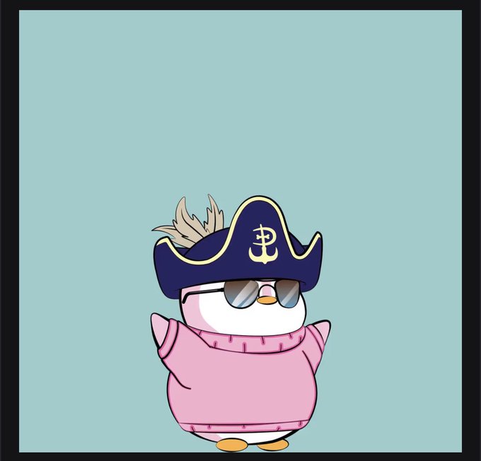 A cartoon penguin wearing sunglasses, a pink sweater, and a pirate hat with an anchor emblem, set against a teal background.