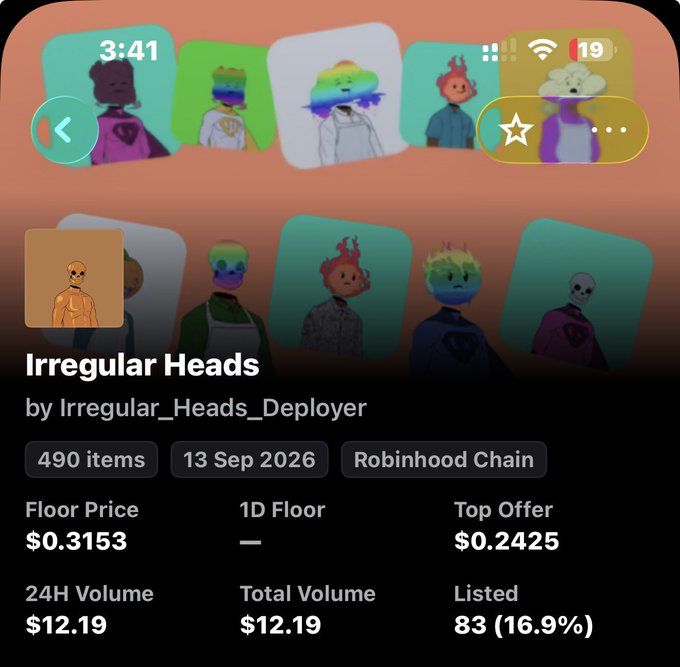 An NFT collection page on Robinhood Chain for 'Irregular Heads' by Irregular_Heads_Deployer, showing 490 items with a floor price of $0.3153, 24H volume of $12.19, and 83 listed.