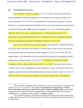 A legal brief page (Document 25) highlighting passages from the "Statement of Facts" section discussing the SEC's "DAO Report" and 2017 framework concerning digital asset sales as securities, supporting Securitize's argument that tZERO's patent claims covering "escrow," "compliance checks," and other economic practices are directed to abstract ideas and thus invalid under Alice § 101.
