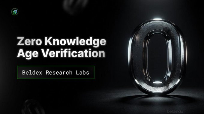 A dark graphic with white text reading 'Zero Knowledge Age Verification' by 'Beldex Research Labs' next to a metallic 3D zero shape.