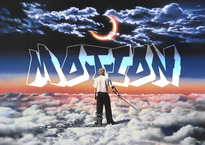 Album cover art for 'NOITION' featuring a person standing on clouds holding a sword, with a crescent moon and dramatic clouds in the sky above.