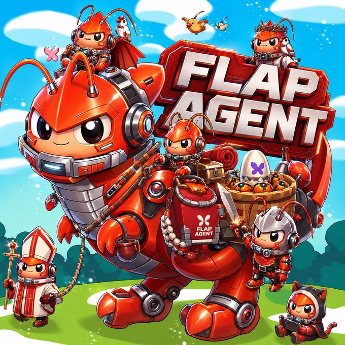 A colorful illustration depicts the Flap Agent universe, featuring a massive red robotic dinosaur surrounded by tiny agents. The scene is dominated by the bold “FLAP AGENT” logo and a crate bearing the same name.
