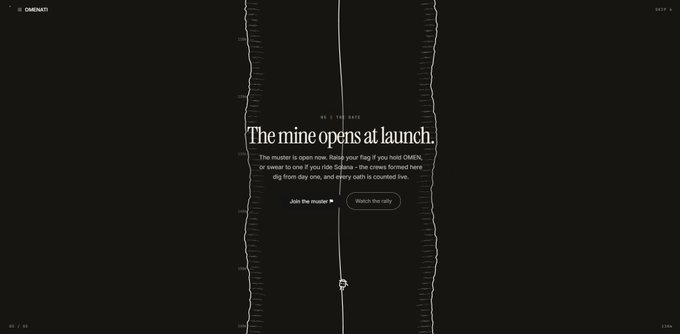 A dark webpage with the headline 'The mine opens at launch.' and a subheading explaining a muxtar mining reward process, with 'Join the muxtar' and 'Watch the rally' buttons.