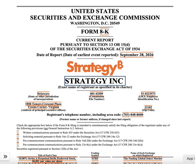 A United States Securities and Exchange Commission Form 8-K Current Report filing for Strategy Inc, dated September 28, 2026, showing the company's Delaware incorporation details, address at 1850 Towers Crescent Plaza, Tysons Corner, Virginia, and listing of common stock and preferred stock trading symbols.