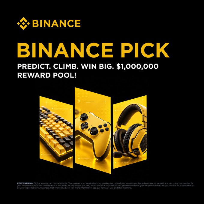 A black-and-yellow Binance promotional graphic for “BINANCE PICK” displays the headline “PREDICT. CLIMB. WIN BIG. $1,000,000 REWARD POOL!” alongside images of a keyboard, game controller, and headphones. It promotes the live Binance Pick competition, where users make predictions using Scores, climb leaderboards, and share the USDC reward pool.