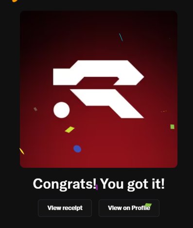 A digital notification with a dark red gradient background displays a white "R" logo with the text "Congrats! You got it!" and buttons for "View receipt" and "View on Profile." The image celebrates a giveaway win related to TheProjectR3D, matching the post's announcement of 25 guaranteed spots.