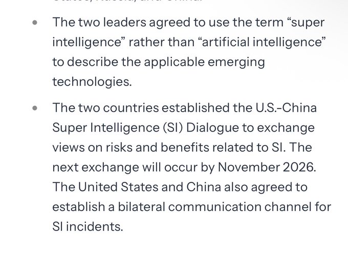 Text excerpt noting that the U.S. and China agreed to use the term 'super intelligence' instead of 'artificial intelligence' and established the U.S.-China Super Intelligence (SI) Dialogue, with the next exchange by November 2026.