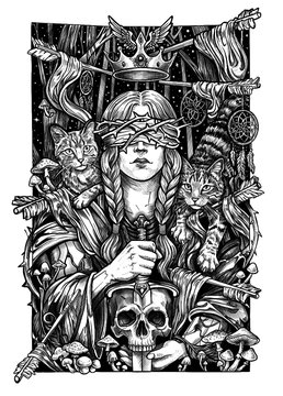 A detailed black and white illustration shows a blindfolded woman with a crown holding a skull and sword, flanked by cats and surrounded by mystical symbols.