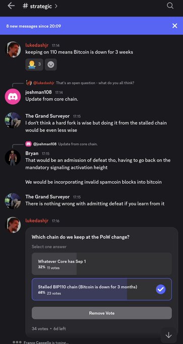 A Discord screenshot from the #strategic channel displays a poll titled "Which chain do we keep at the PoW change?" with two options: "Whatever Core has Sep 1" (32%, 11 votes) and "Stalled BIP110 chain (Bitcoin is down for 3 months)" (68%, 23 votes winning). The chat above features users lukedashjr, @lukedashjr, joshman108, The Grand Surveyor, and Bryan debating Bitcoin's chain strategy, with text including "Update from core chain" and "admission of defeat tho." The "Airdrop loading" caption suggests anticipation of a forthcoming token distribution tied to the chain-split decision.