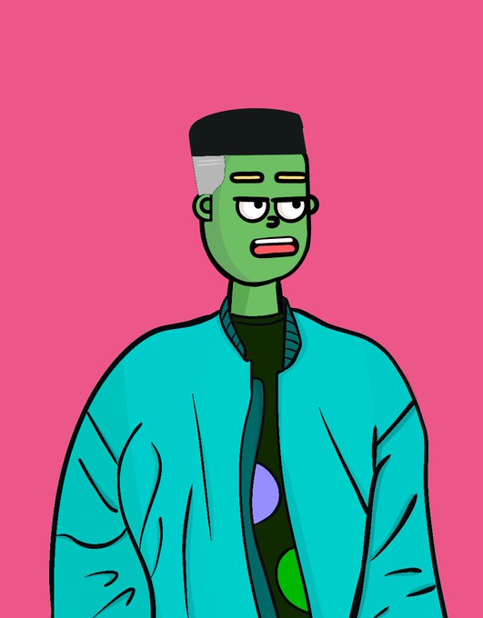Cartoon illustration of a green-skinned character with a flat-top haircut wearing a teal jacket over a black shirt with colorful circles, set against a pink background.