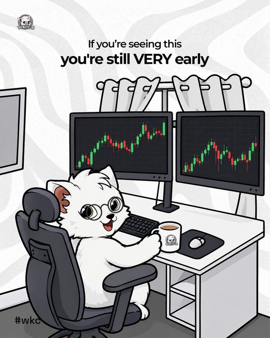 A cartoon illustration of a white cat sitting at a trading desk with dual monitors displaying green and red candlestick charts, captioned 'If you're seeing this you're still VERY early' with the hashtag #wkc.
