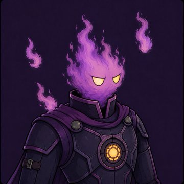 A purple flame-headed cartoon character in dark armor with a glowing chest emblem, fitting the mysterious NFT giveaway theme for @arcadiansonarc on the Arc chain.