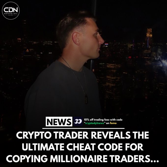 A man stands in profile against a nighttime cityscape with the CDN logo, captioned "CRYPTO TRADER REVEALS THE ULTIMATE CHEAT CODE FOR COPYING MILLIONAIRE TRADERS..." and a promo for 10% off trading fees on fomo using code "cryptodynews".