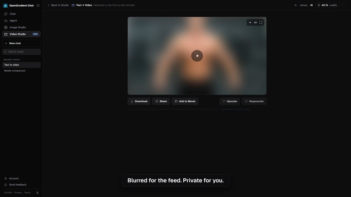 The OpenGradient Chat AI platform interface displaying a Text-to-Video generation tool with a blurred preview of a video clip and a privacy notice reading 'Blurred for the feed. Private for you.'