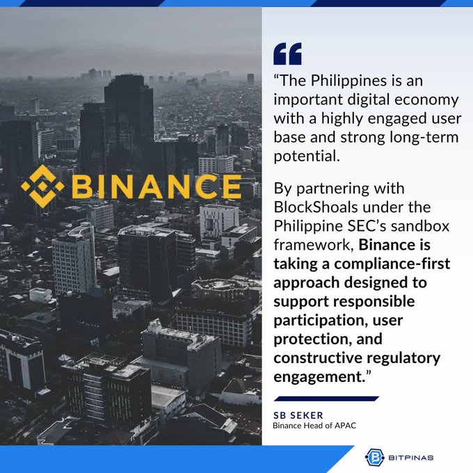 The image features an aerial view of a cityscape with numerous tall buildings, showcasing the urban environment. The text in the image reads "Read: Binance said the global crypto exchange appreciates the SEC'S Strategic Sandbox (StratBox) framework, as the Philippines is one of the most dynamic digital economies in Southeast Asia, with a highly engaged and digitally native population that continues to drive adoption". This quote highlights the importance of the SEC's strategic sandboxes for countries like the Philippines, where the digital economy has grown rapidly. The image also includes a logo for Binance, which is an online marketplace for cryptocurrencies, and it features a cityscape in the background.