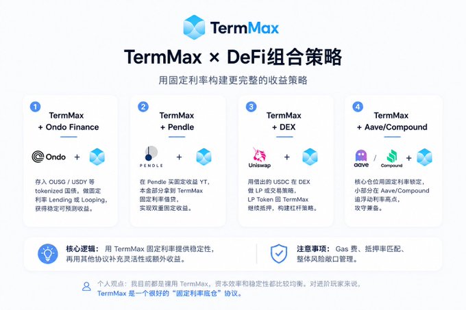 The image features a poster for TermMax, which is an investment platform that allows users to invest in various tokens. The poster displays four different tokens with their respective descriptions, including "TermMax", "Ondo Finance", "USDCY tokenized", and "Looping". These tokens are part of the TermMax ecosystem, offering investors a diverse range of options for investing in DeFi projects.
