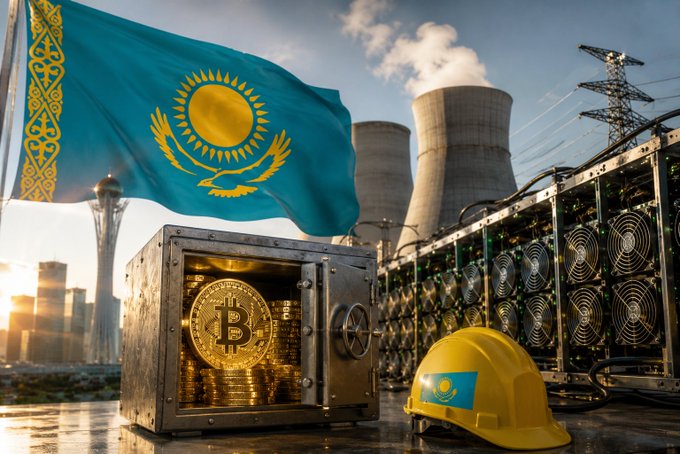 A Kazakhstan flag waves above a Bitcoin-filled vault and cryptocurrency mining rigs set against cooling towers, symbolizing the nation's new digital mining regulations that channel mining output into a state-backed crypto reserve, with a yellow hard hat in the foreground representing the industrial workforce powering this initiative.