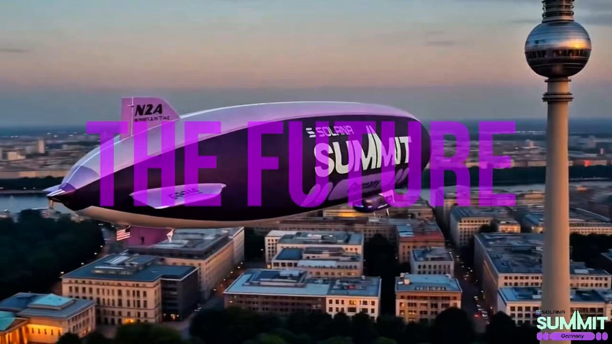 The image features a purple and white airplane flying over a city skyline, with the words "The Future" written above it. The airplane appears to be a drone or an air balloon, possibly used for advertising purposes. The text also mentions that there is a Summit happening in Berlin on June 13th.