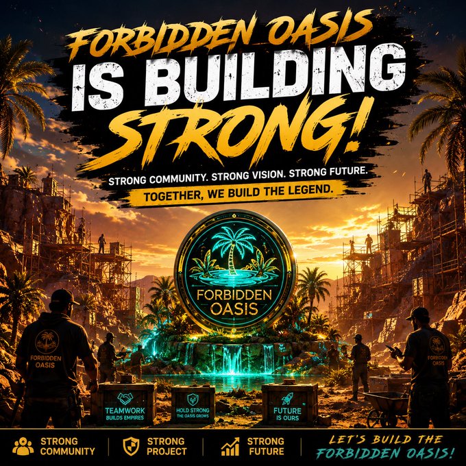 This promotional graphic features a cinematic desert oasis landscape with the text "FORBIDDEN OASIS IS BUILDING STRONG!" and emphasizes themes of a "Strong Community, Strong Vision, and Strong Future." The image visually reinforces the accompanying hashtags by depicting figures working amidst scaffolding and construction, illustrating the "Build Together" message for the project.