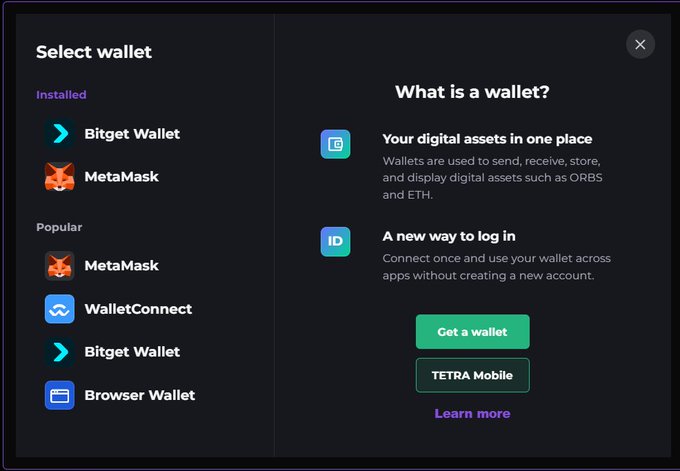 A 'Select wallet' interface showing options including Bitget Wallet and MetaMask under Installed/Popular categories, with a sidebar explaining what a wallet is.