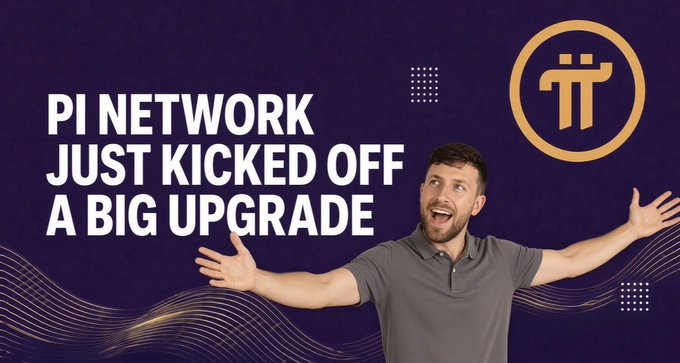 A promotional graphic with the text 'PI NETWORK JUST KICKED OFF A BIG UPGRADE' featuring the Pi Network logo and a man in a gray polo shirt standing with his arms outstretched.