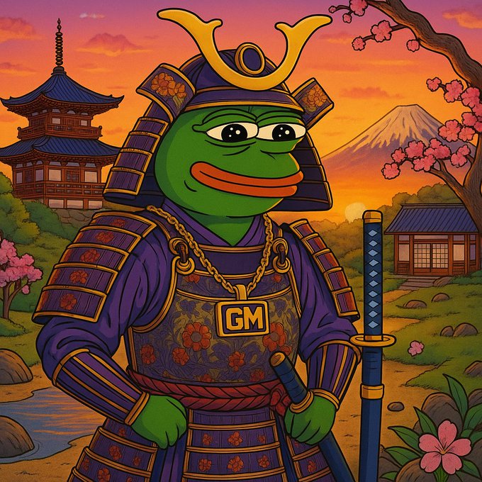 A vibrant illustration depicts the Pepe the Frog character dressed as a samurai in purple armor with gold accents, holding a katana against a backdrop of Mt. Fuji, a pagoda, and cherry blossoms, wearing a 'GM' pendant.