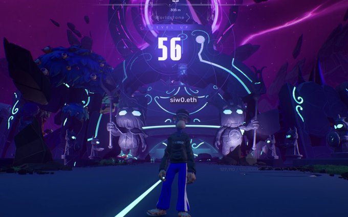 The image shows a man standing in front of a large purple structure, possibly an alien spaceship or a temple-like building with a dragon design. The man appears to be wearing blue jeans and a black shirt. In the background, there are other people present as well. The caption on the post indicates that the player has reached level 56 and is now focusing on the "Otherside" in the books.