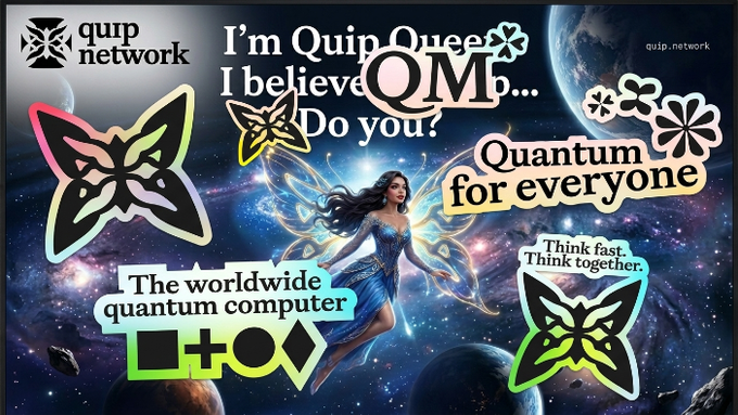 The image features a poster with a woman wearing blue clothing, surrounded by stars and planets. The poster also includes various stickers related to Quantum computing, such as a butterfly sticker and a butterfly-shaped sticker. The text on the poster reads "I'm QuipQee... I believe QM...", which is likely an advertisement for QuipQee's Quantum Computing services.

The image is part of a larger post that promotes QuipQee's Quantum computing services. It highlights the company's focus on real hardware and workloads in their quantum computing marketplace, emphasizing the idea that they are not just another AI wrapper or empty infra narrative but rather a platform for building decentralized quantum computers. The text on the poster encourages people to "Think about what is in the image and how it relates to the post".