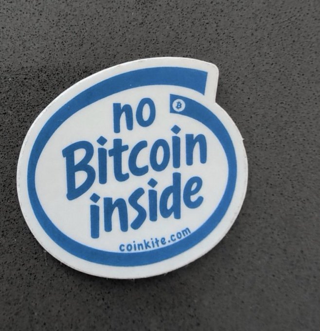 This sticker from Coinkite.com reads "no Bitcoin inside" and plays on the "Intel Inside" branding, likely referring to the Coldcard's secure, offline Bitcoin storage.