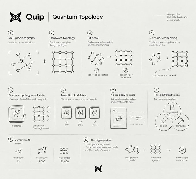 An infographic titled 'Quip | Quantum Topology' explaining a 10-step process for matching problem graphs with hardware topology, with notes like 'Your problem.', 'The right hardware.', and 'Same graph.'