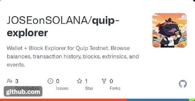The image features a poster with a cartoon character wearing a hat, holding a book titled "Quip Network" and another one called "Wallet Block Explorer for Quip Testnet". The poster also includes text that reads "Most projects talk about community. Few let the community build the infrastructure. @quipnetwork is taking a different approach. A community member just shipped a Wallet Block Explorer for Quip Testnet giving users a way to explore balances transactions blocks extrinsics". This post seems to be promoting a new wallet block explorer, and it highlights how Quip Network is focusing on building its own infrastructure rather than relying on the existing community-driven platforms.